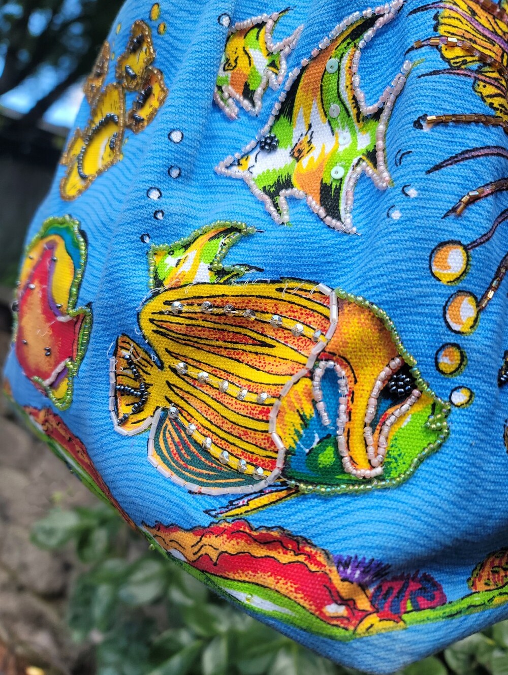 Vintage 90s Ann Ormsby Quasby Beach Elements Tropical Fish Beaded Tote Bag Y2K - Picture 10 of 17